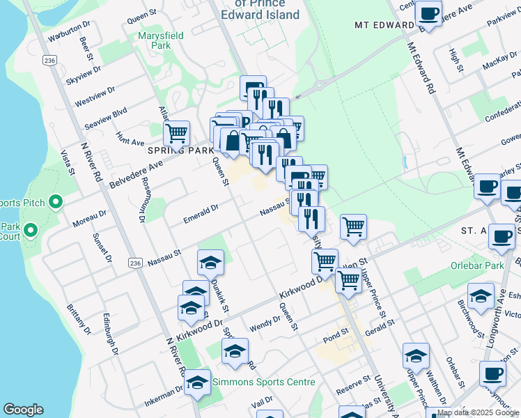 map of restaurants, bars, coffee shops, grocery stores, and more near 153 Nassau Street in Charlottetown