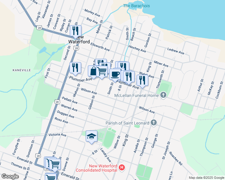 map of restaurants, bars, coffee shops, grocery stores, and more near 482 Smith Street in New Waterford