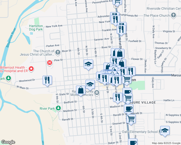 map of restaurants, bars, coffee shops, grocery stores, and more near 200 North 5th Street in Hamilton