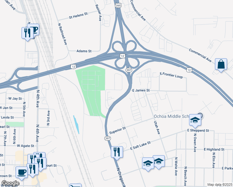map of restaurants, bars, coffee shops, grocery stores, and more near 1400-1516 North Oregon Street in Pasco