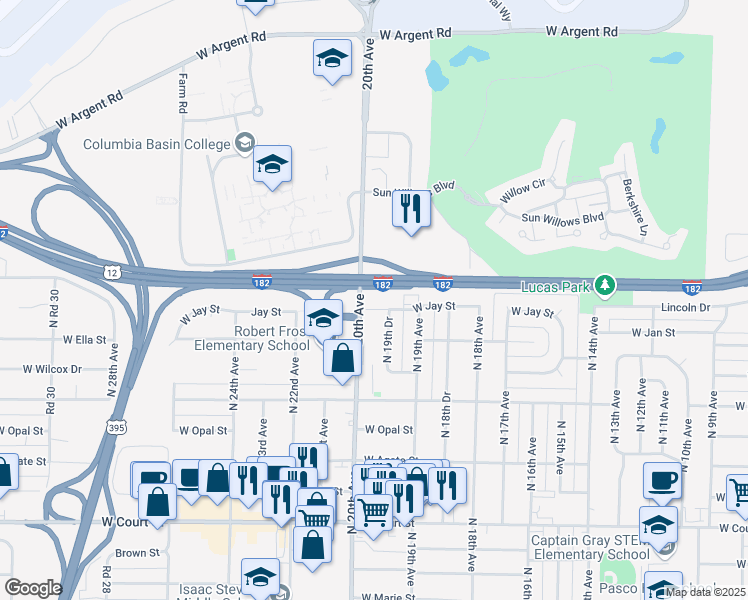 map of restaurants, bars, coffee shops, grocery stores, and more near 1931 West Jay Street in Pasco