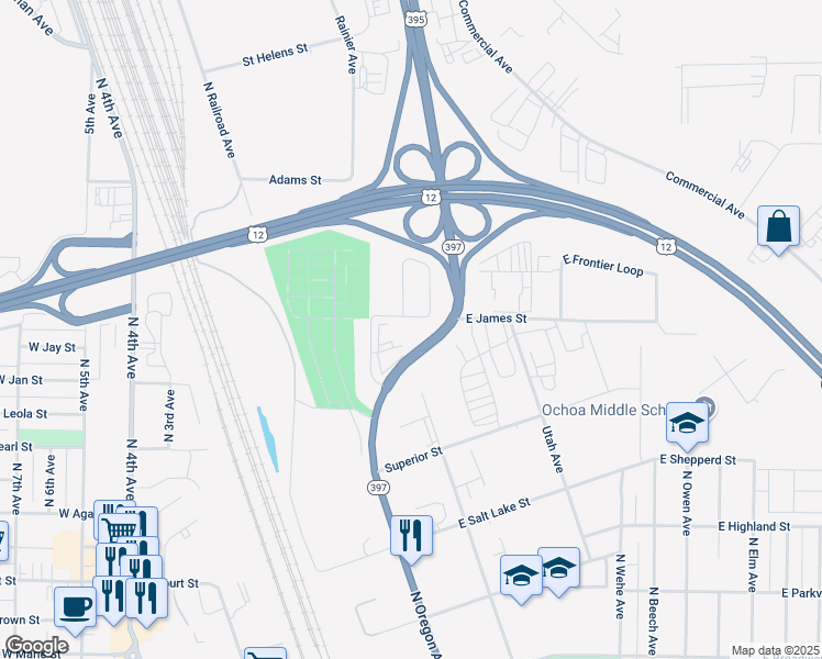 map of restaurants, bars, coffee shops, grocery stores, and more near 1400-1516 North Oregon Street in Pasco