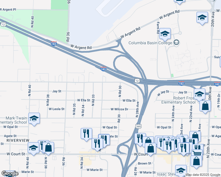 map of restaurants, bars, coffee shops, grocery stores, and more near 3105 West Seabrook Court in Pasco