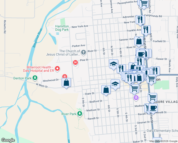 map of restaurants, bars, coffee shops, grocery stores, and more near 220 North 8th Street in Hamilton