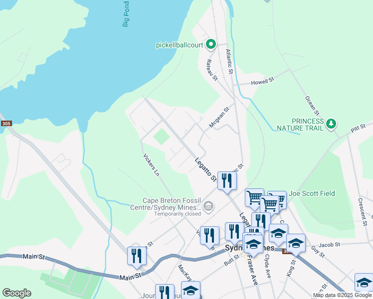 map of restaurants, bars, coffee shops, grocery stores, and more near 233 Legatto Street in Sydney Mines
