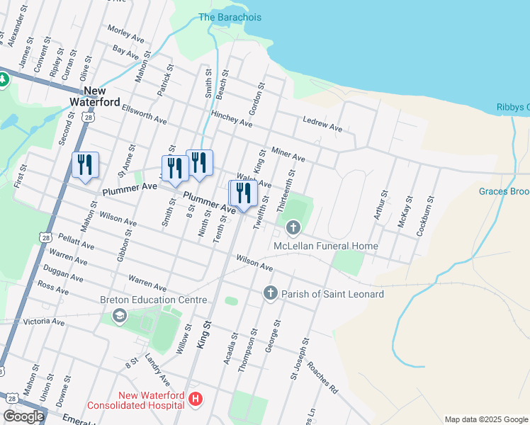 map of restaurants, bars, coffee shops, grocery stores, and more near 432 12 Street in New Waterford