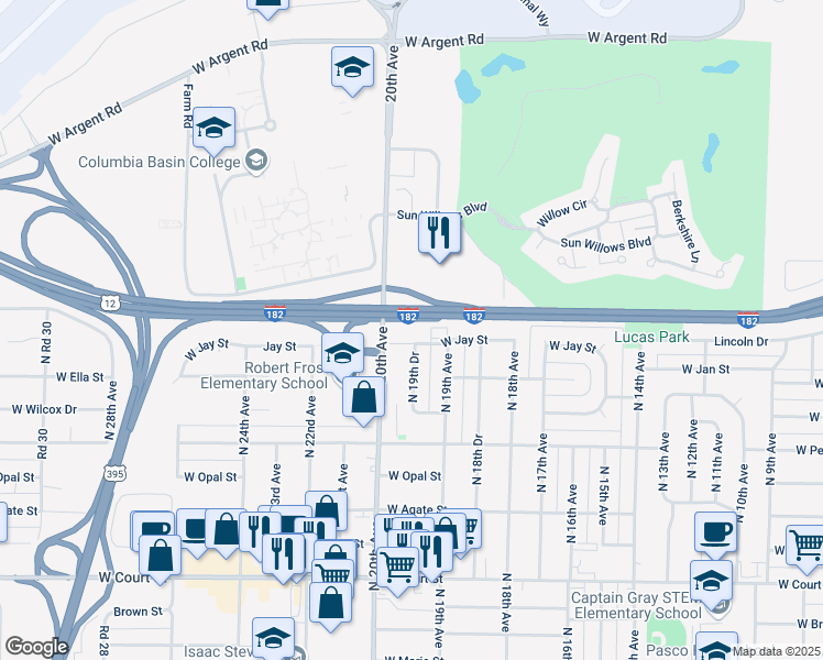 map of restaurants, bars, coffee shops, grocery stores, and more near 1931 West Jay Street in Pasco