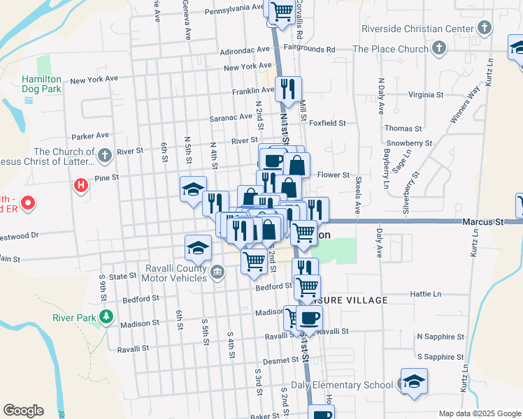 map of restaurants, bars, coffee shops, grocery stores, and more near 129 South 2nd Street in Hamilton