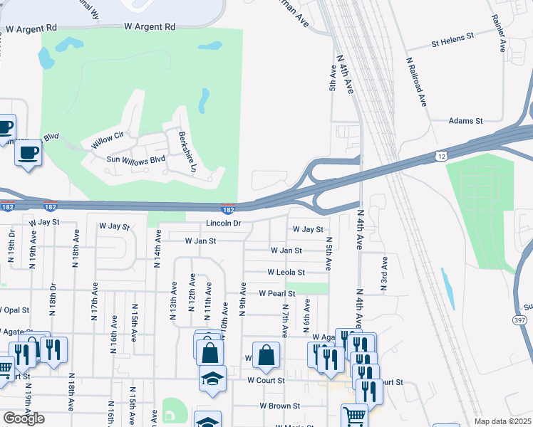 map of restaurants, bars, coffee shops, grocery stores, and more near 908 Lincoln Drive in Pasco