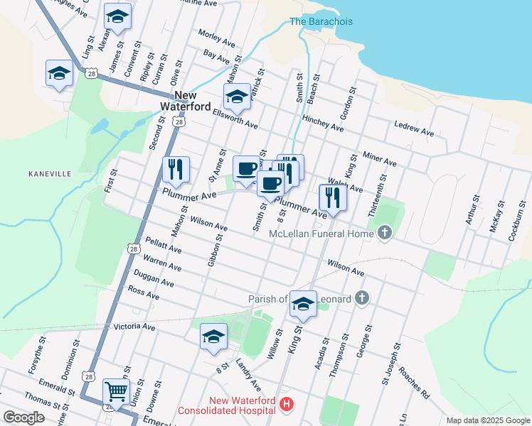 map of restaurants, bars, coffee shops, grocery stores, and more near 482 Smith Street in New Waterford