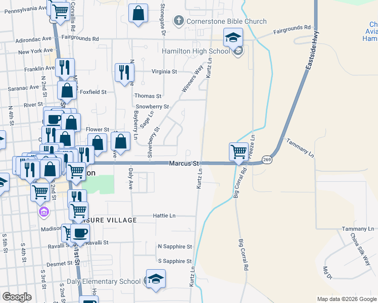 map of restaurants, bars, coffee shops, grocery stores, and more near 296 Marcus Street in Hamilton