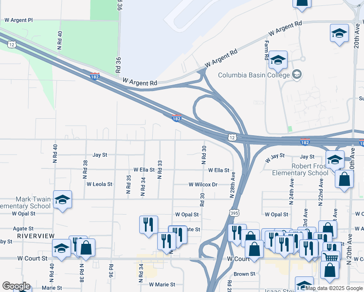 map of restaurants, bars, coffee shops, grocery stores, and more near 3021-3105 West Seabrook Court in Pasco