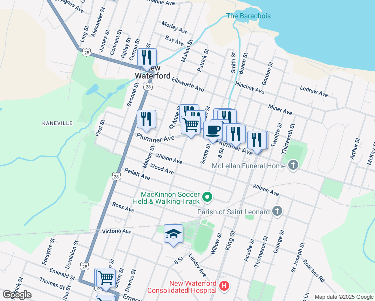 map of restaurants, bars, coffee shops, grocery stores, and more near 480 Gibbon Street in New Waterford