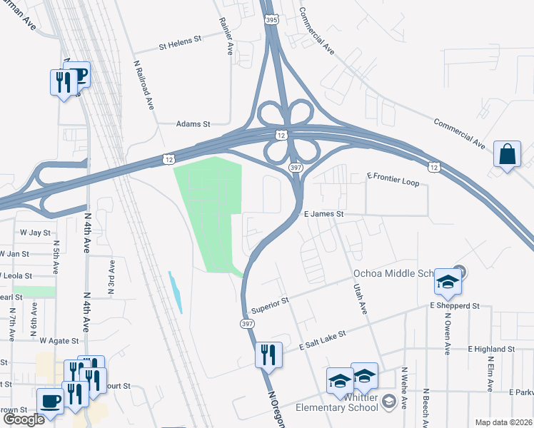 map of restaurants, bars, coffee shops, grocery stores, and more near 1400-1516 North Oregon Street in Pasco