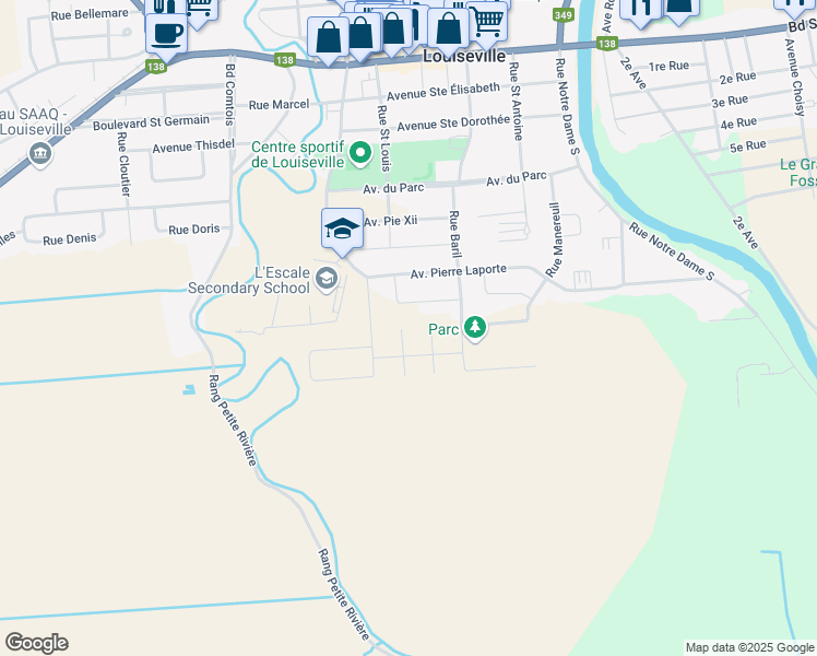map of restaurants, bars, coffee shops, grocery stores, and more near 40 Place du Fort in Louiseville