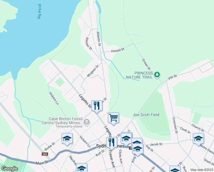 map of restaurants, bars, coffee shops, grocery stores, and more near 288 Atlantic Street in Sydney Mines
