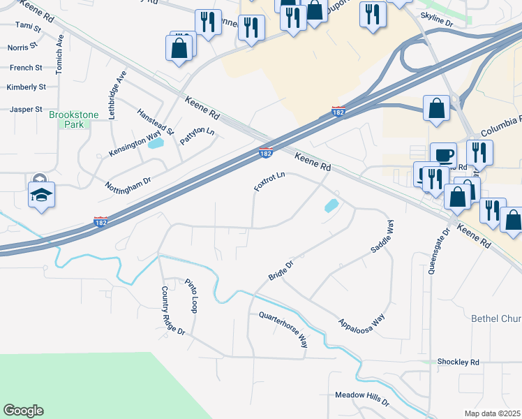 map of restaurants, bars, coffee shops, grocery stores, and more near 1135 Country Ridge Drive in Richland