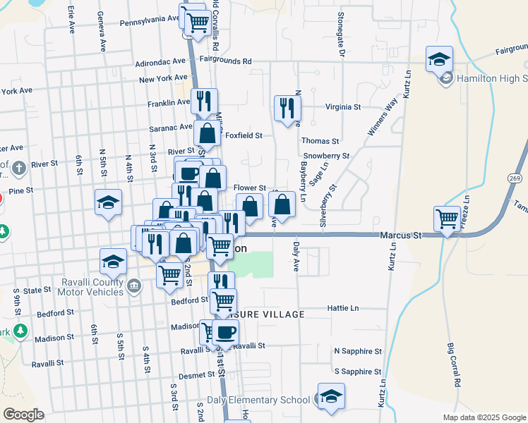 map of restaurants, bars, coffee shops, grocery stores, and more near 224 Marcus Street in Hamilton