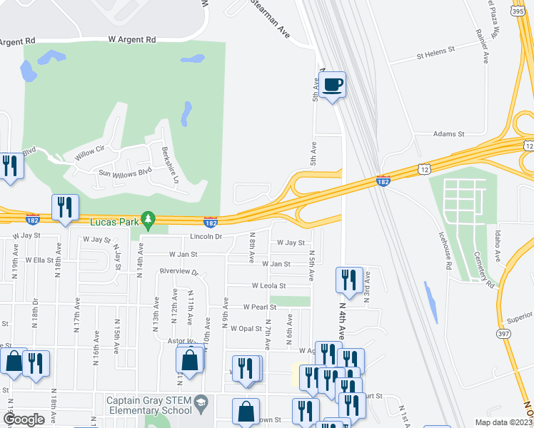 map of restaurants, bars, coffee shops, grocery stores, and more near Interstate 182 in Pasco