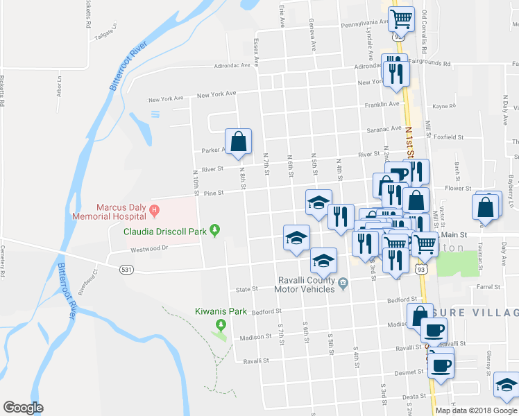 map of restaurants, bars, coffee shops, grocery stores, and more near 301 South 7th Street in Hamilton