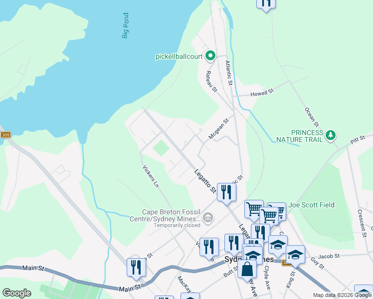 map of restaurants, bars, coffee shops, grocery stores, and more near 6 Demarco Street in Sydney Mines