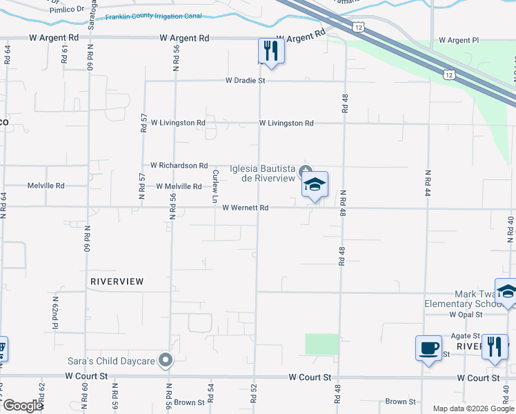 map of restaurants, bars, coffee shops, grocery stores, and more near 5200 West Wernett Road in Pasco