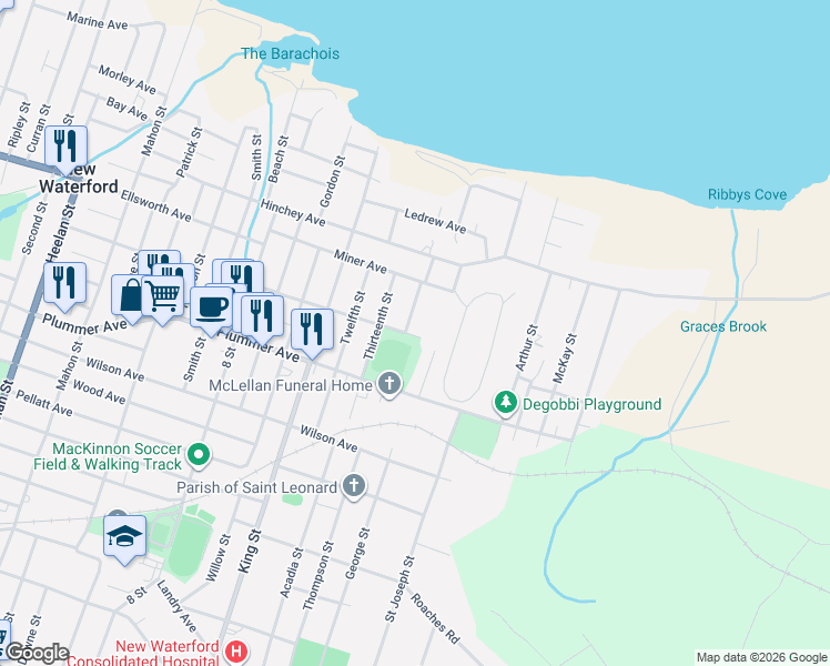 map of restaurants, bars, coffee shops, grocery stores, and more near 376 Thirteenth Street in New Waterford