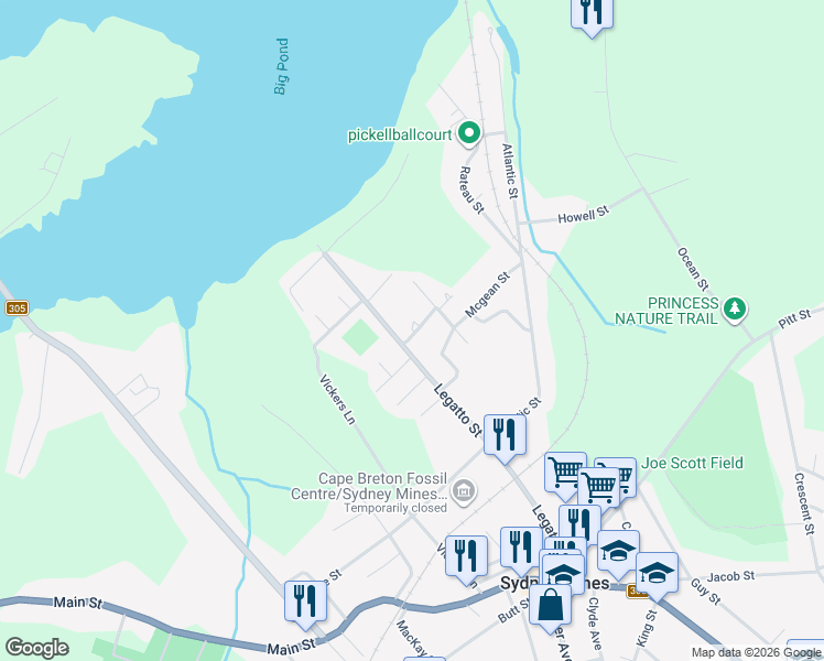 map of restaurants, bars, coffee shops, grocery stores, and more near 7 Demarco Street in Sydney Mines