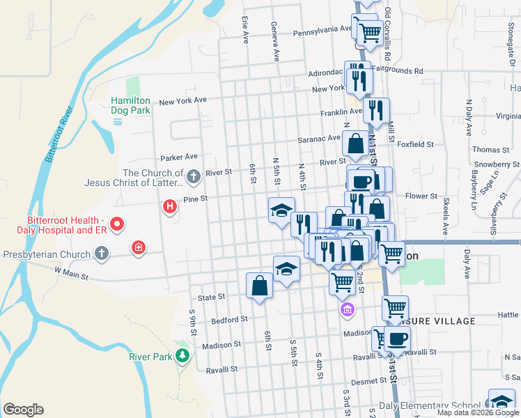 map of restaurants, bars, coffee shops, grocery stores, and more near 302 North 6th Street in Hamilton