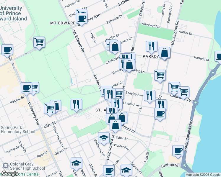 map of restaurants, bars, coffee shops, grocery stores, and more near 10 Harley Street in Charlottetown