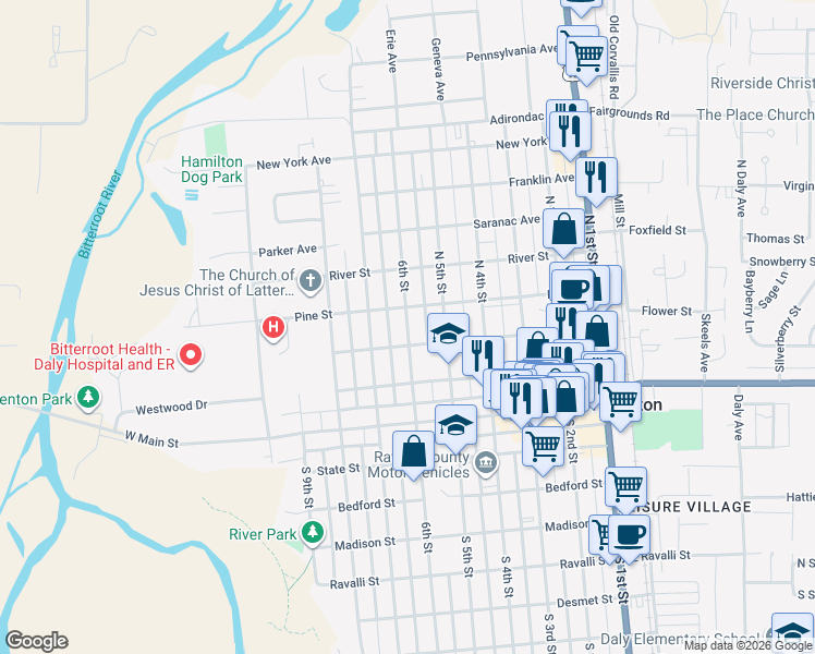 map of restaurants, bars, coffee shops, grocery stores, and more near North 6th Street in Hamilton