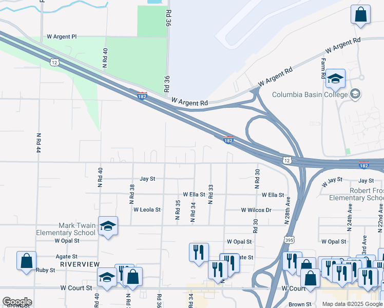 map of restaurants, bars, coffee shops, grocery stores, and more near 3400 West Wernett Road in Pasco