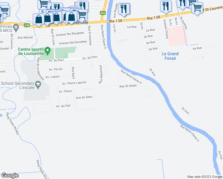 map of restaurants, bars, coffee shops, grocery stores, and more near 23 Avenue Pierre Laporte in Louiseville