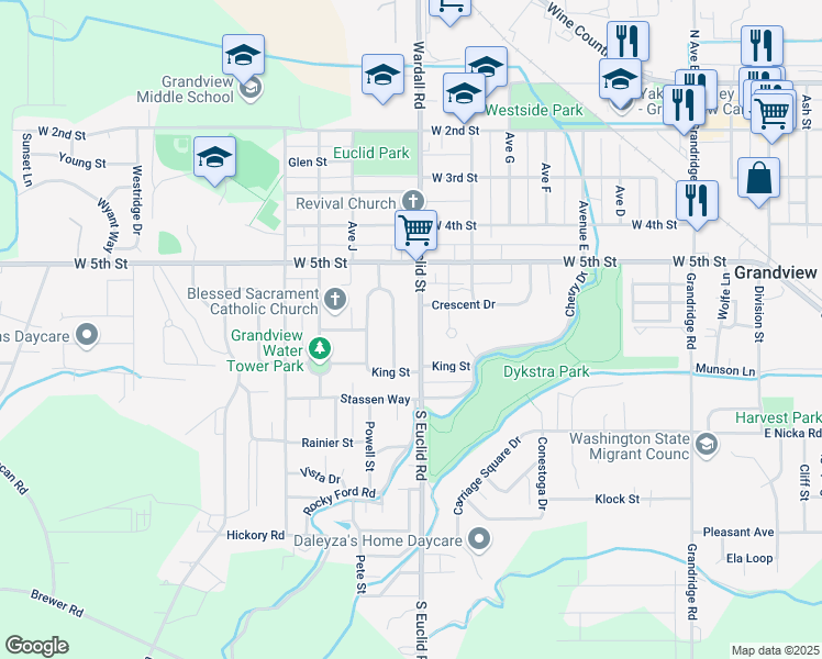 map of restaurants, bars, coffee shops, grocery stores, and more near 606 Euclid Street in Grandview