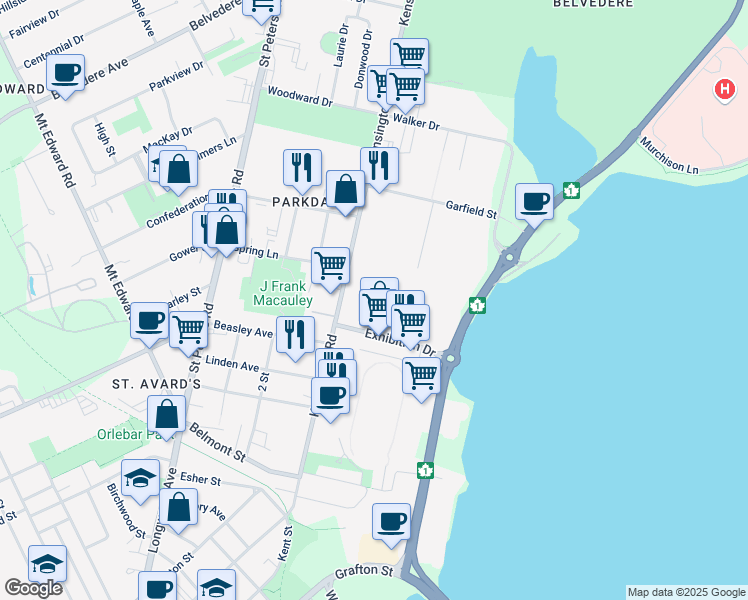 map of restaurants, bars, coffee shops, grocery stores, and more near 76 Kensington Road in Charlottetown