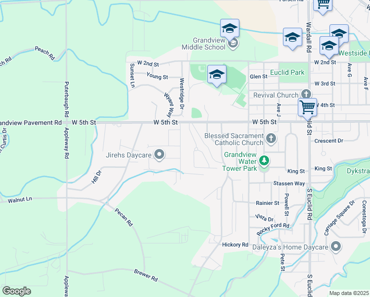 map of restaurants, bars, coffee shops, grocery stores, and more near 605 Larson St in Grandview