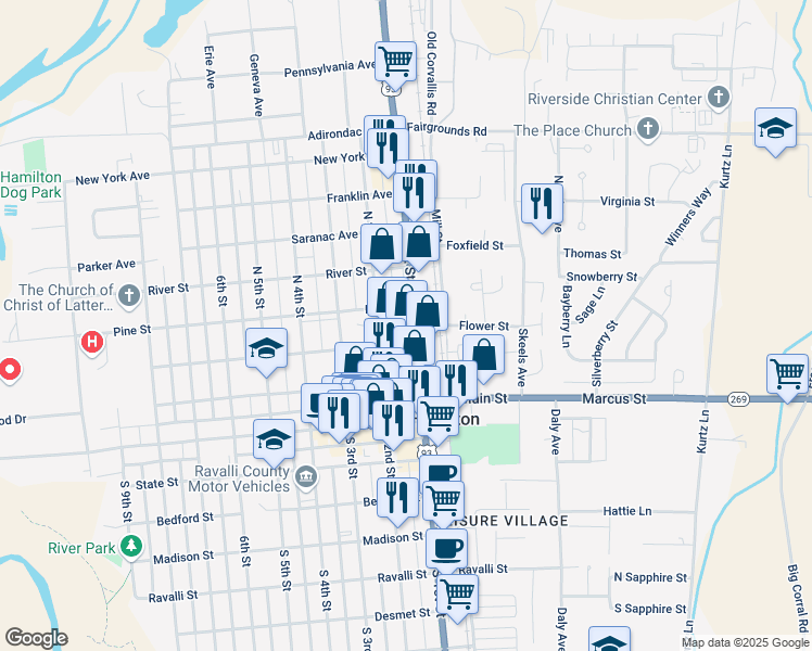 map of restaurants, bars, coffee shops, grocery stores, and more near 307 North 1st Street in Hamilton