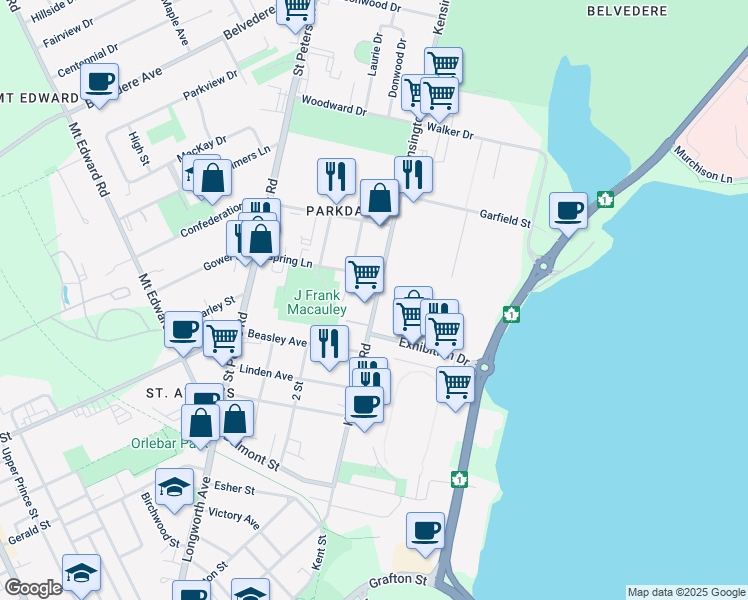 map of restaurants, bars, coffee shops, grocery stores, and more near 79 Kensington Road in Charlottetown