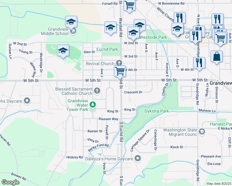 map of restaurants, bars, coffee shops, grocery stores, and more near 606 Euclid Street in Grandview