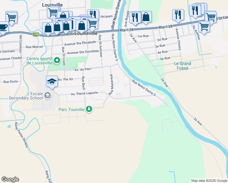 map of restaurants, bars, coffee shops, grocery stores, and more near 320 Rue Manereuil in Louiseville