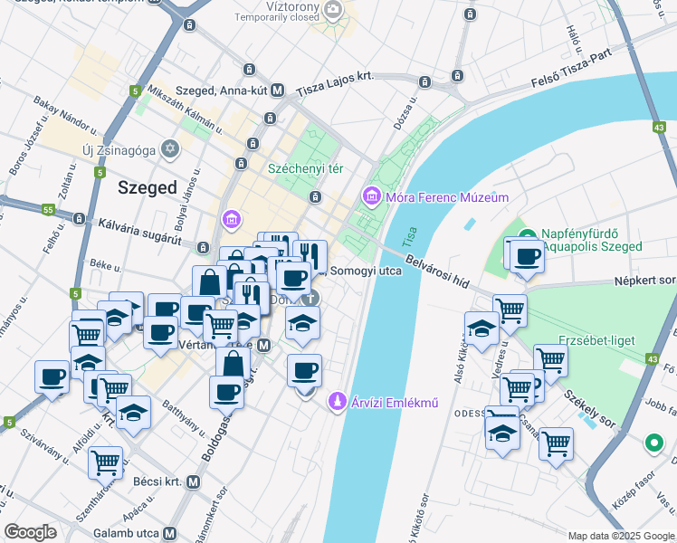 map of restaurants, bars, coffee shops, grocery stores, and more near in Szeged