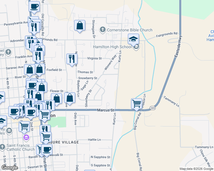 map of restaurants, bars, coffee shops, grocery stores, and more near 122 Villa Court in Hamilton