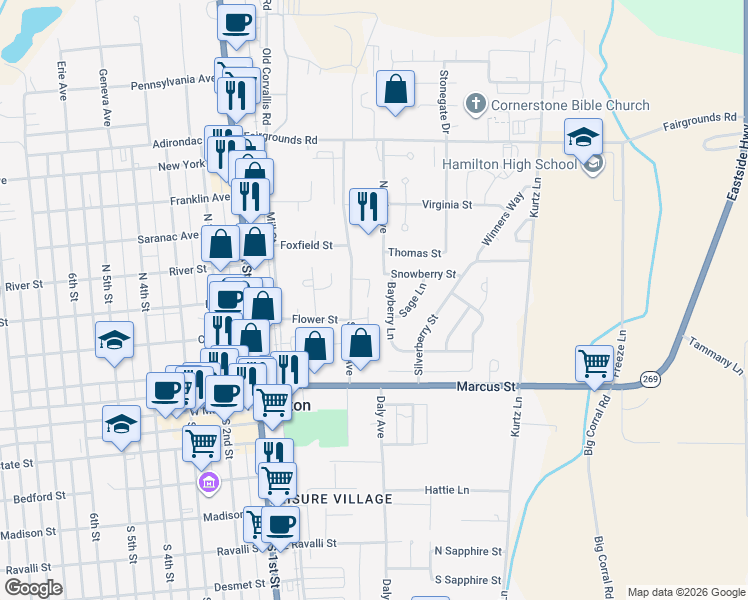 map of restaurants, bars, coffee shops, grocery stores, and more near 100 Bayberry Lane in Hamilton