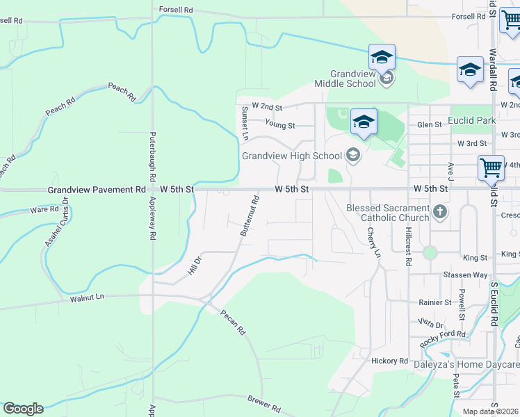 map of restaurants, bars, coffee shops, grocery stores, and more near 1904 West 5th Street in Grandview