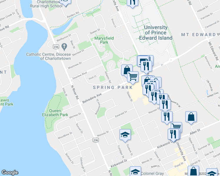 map of restaurants, bars, coffee shops, grocery stores, and more near 59 Belvedere Avenue in Charlottetown
