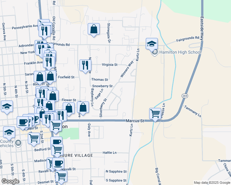 map of restaurants, bars, coffee shops, grocery stores, and more near 101 Honeysuckle Lane in Hamilton