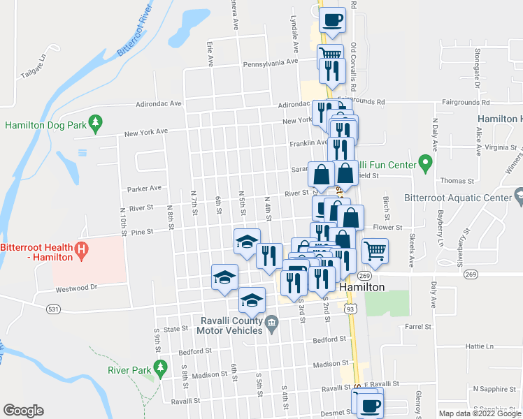 map of restaurants, bars, coffee shops, grocery stores, and more near 415 North 4th Street in Hamilton