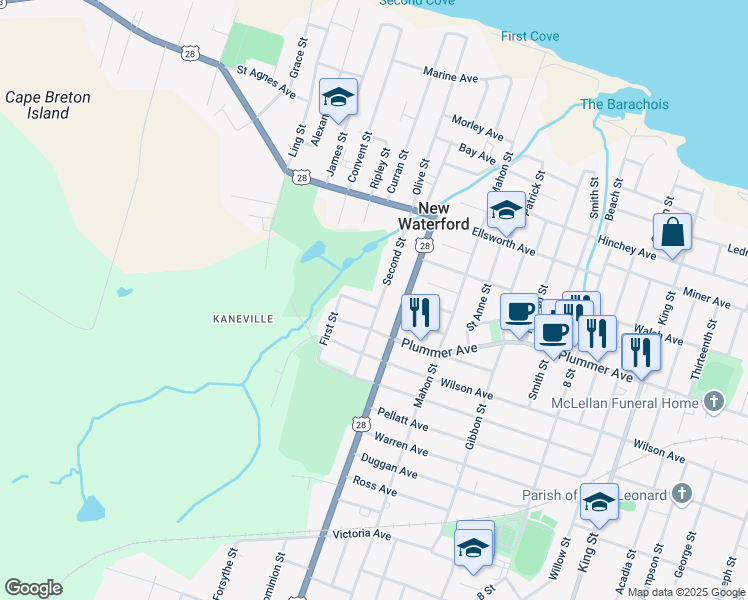 map of restaurants, bars, coffee shops, grocery stores, and more near 443 Second Street in New Waterford
