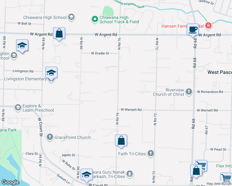 map of restaurants, bars, coffee shops, grocery stores, and more near 2512 Road 76 in Pasco