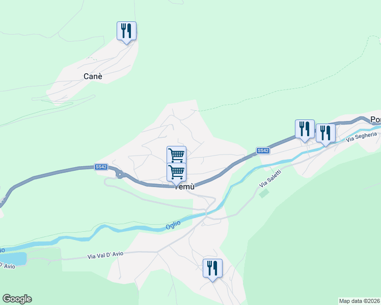 map of restaurants, bars, coffee shops, grocery stores, and more near 51 Via Guglielmo Marconi in Temù